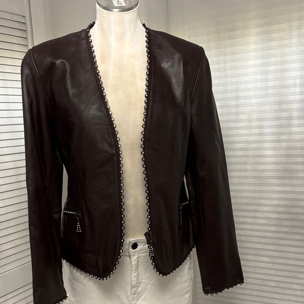 Elegant Dark Brown leather Women's Blazer with Rhinestone Trim